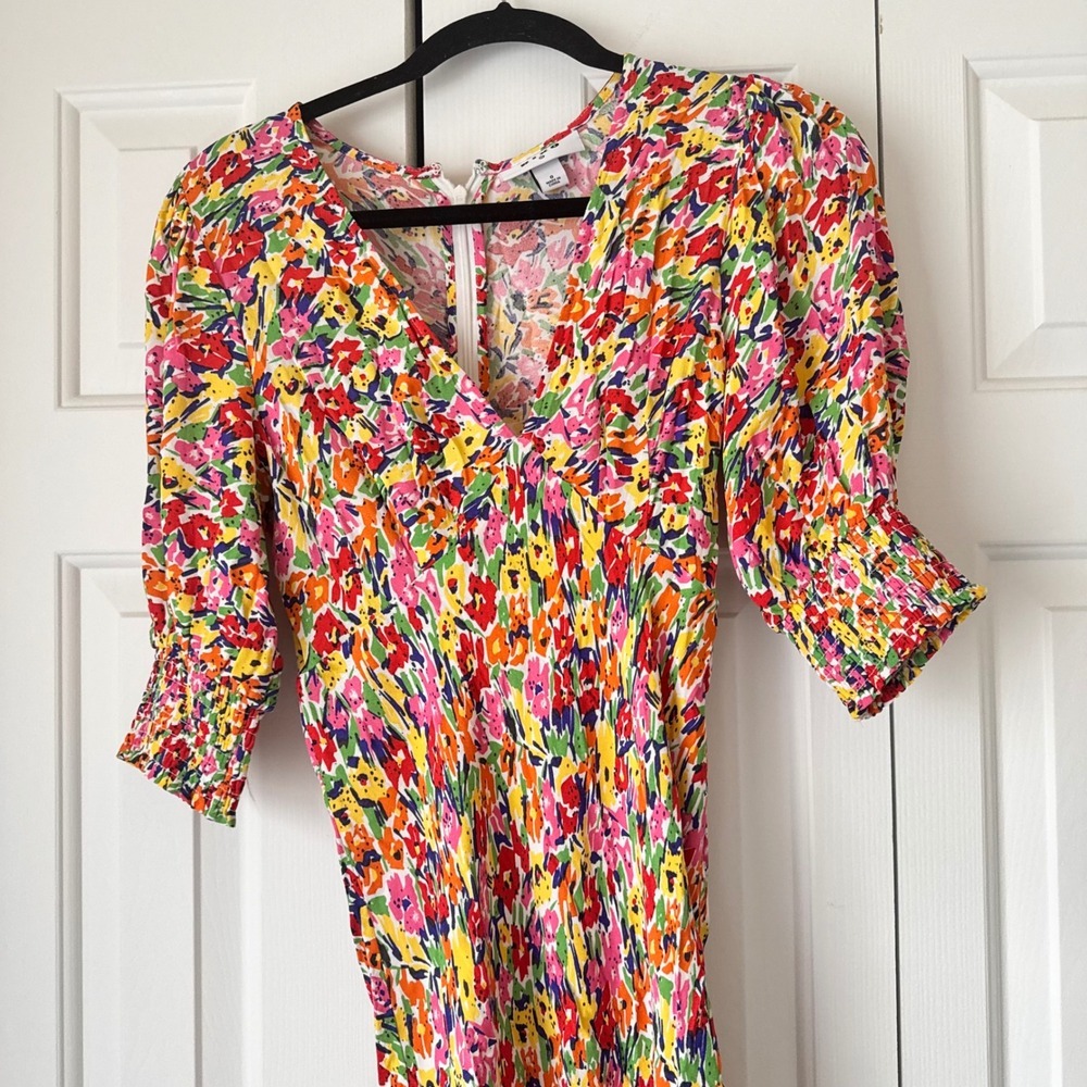 RIXO Floral Print V-Neck Midi Dress Multi Color Puff Sleeve Size 0 - Picture 6 of 8